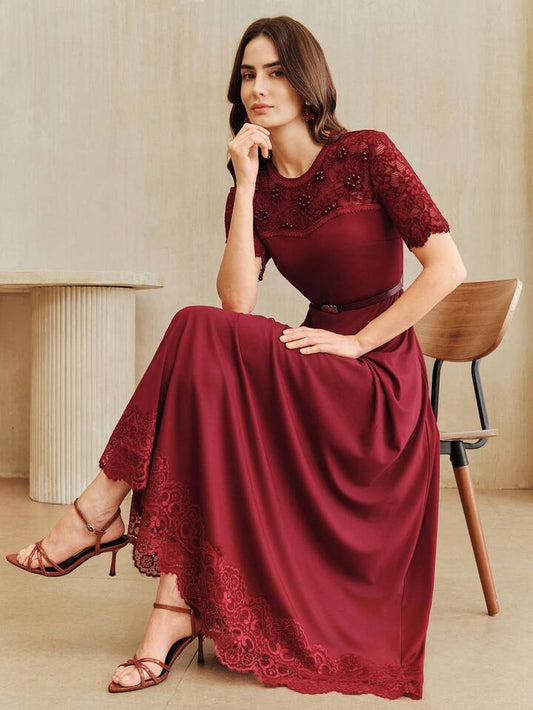 CM-DS824894 Women Elegant Seoul Style Lace Patchwork See-Through Pearl Decor Waist Cinched Long Dress With Belt