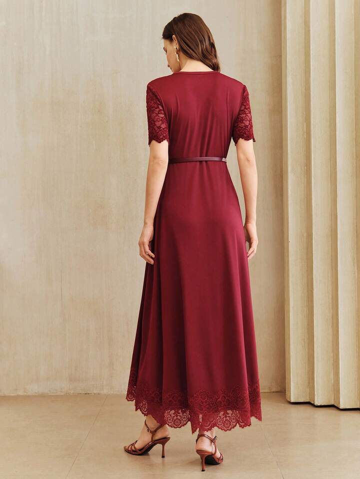 CM-DS824894 Women Elegant Seoul Style Lace Patchwork See-Through Pearl Decor Waist Cinched Long Dress With Belt