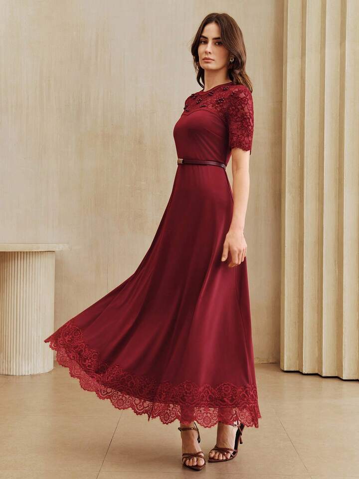 CM-DS824894 Women Elegant Seoul Style Lace Patchwork See-Through Pearl Decor Waist Cinched Long Dress With Belt