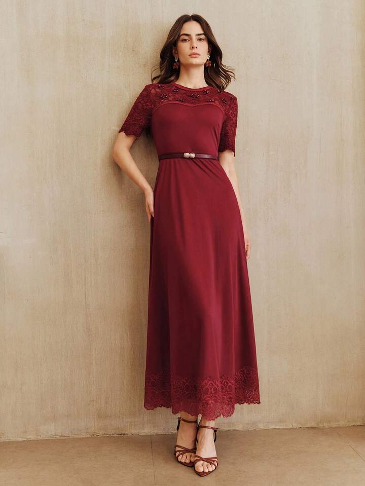 CM-DS824894 Women Elegant Seoul Style Lace Patchwork See-Through Pearl Decor Waist Cinched Long Dress With Belt