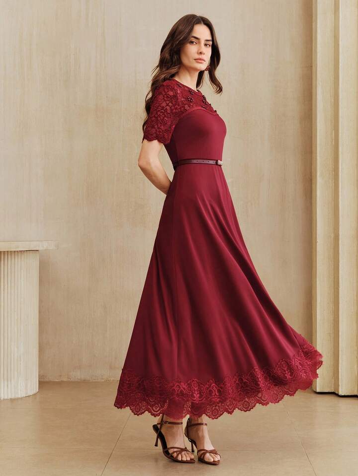 CM-DS824894 Women Elegant Seoul Style Lace Patchwork See-Through Pearl Decor Waist Cinched Long Dress With Belt