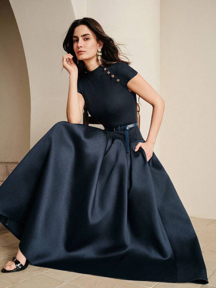 CM-DS397723 Women Elegant Seoul Style Round Neck Cap Sleeve Knit Patchwork Flared Waist Belted Dress - Navy Blue