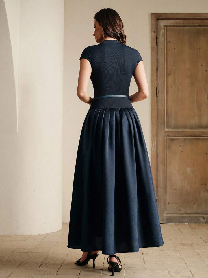 CM-DS397723 Women Elegant Seoul Style Round Neck Cap Sleeve Knit Patchwork Flared Waist Belted Dress - Navy Blue