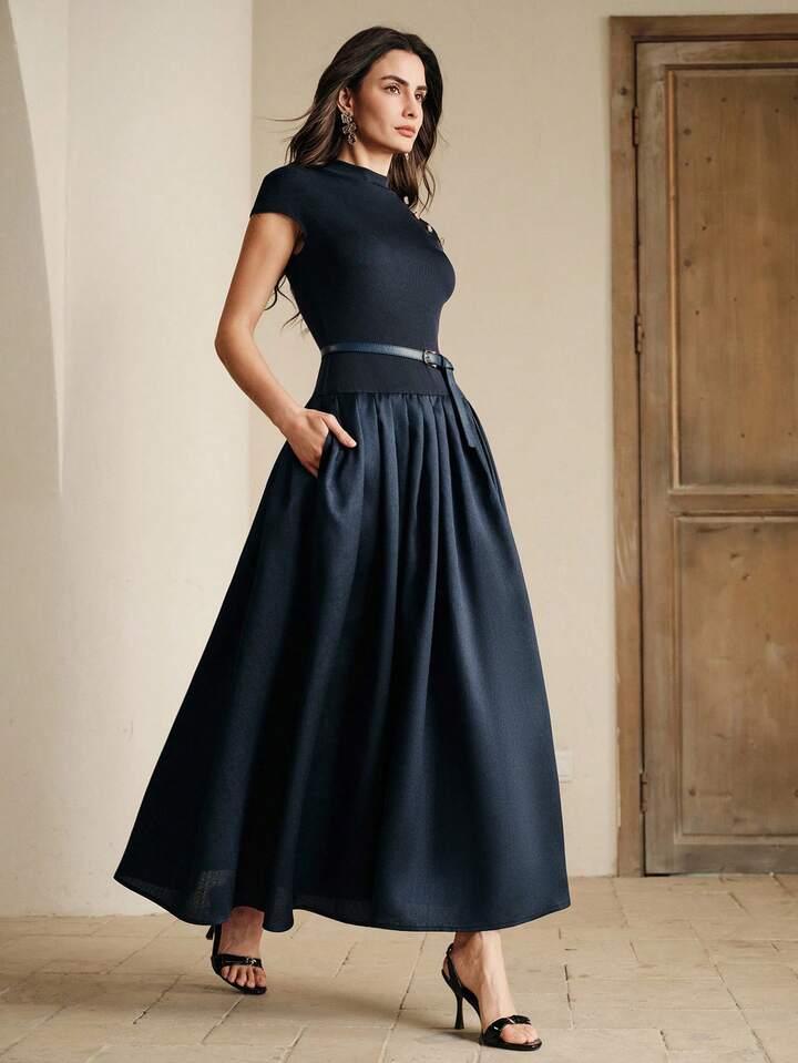 CM-DS397723 Women Elegant Seoul Style Round Neck Cap Sleeve Knit Patchwork Flared Waist Belted Dress - Navy Blue