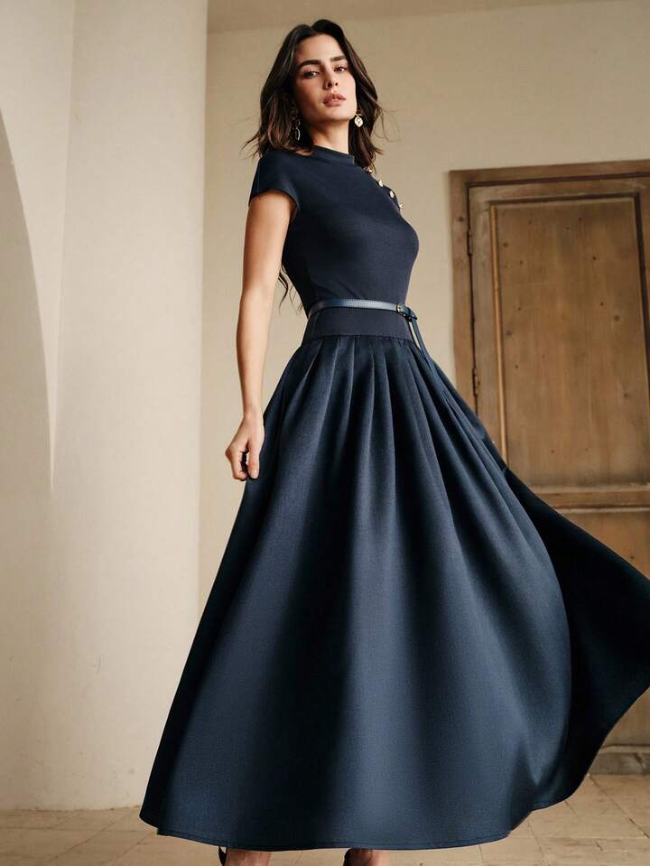 CM-DS397723 Women Elegant Seoul Style Round Neck Cap Sleeve Knit Patchwork Flared Waist Belted Dress - Navy Blue