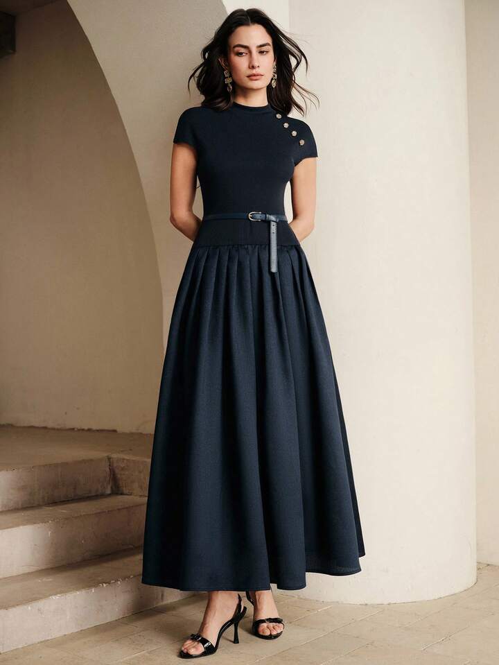 CM-DS397723 Women Elegant Seoul Style Round Neck Cap Sleeve Knit Patchwork Flared Waist Belted Dress - Navy Blue