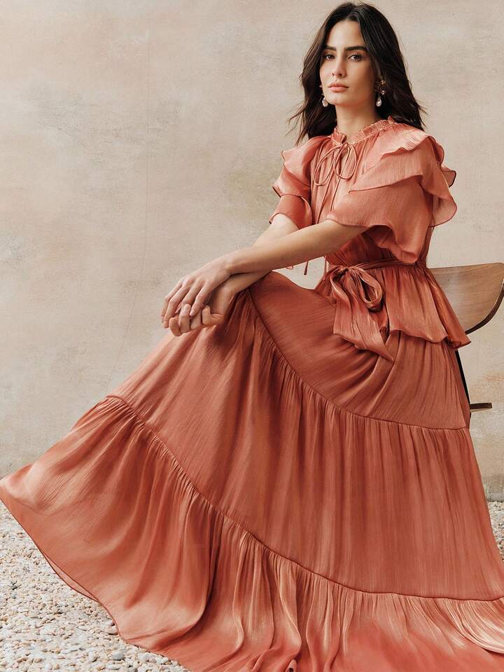 CM-DS478717 Women Elegant Seoul Style Tie Neck Puff Sleeve High Waist Layered Cake Maxi Dress - Burnt Orange