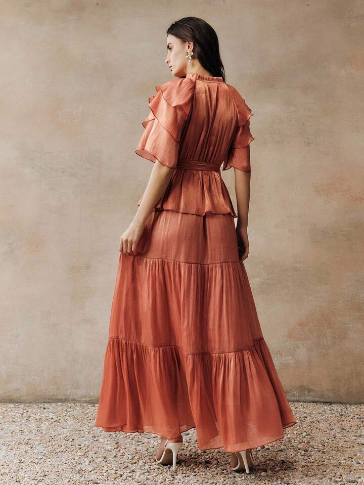CM-DS478717 Women Elegant Seoul Style Tie Neck Puff Sleeve High Waist Layered Cake Maxi Dress - Burnt Orange