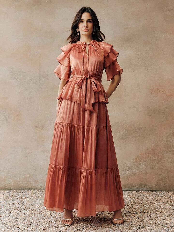 CM-DS478717 Women Elegant Seoul Style Tie Neck Puff Sleeve High Waist Layered Cake Maxi Dress - Burnt Orange