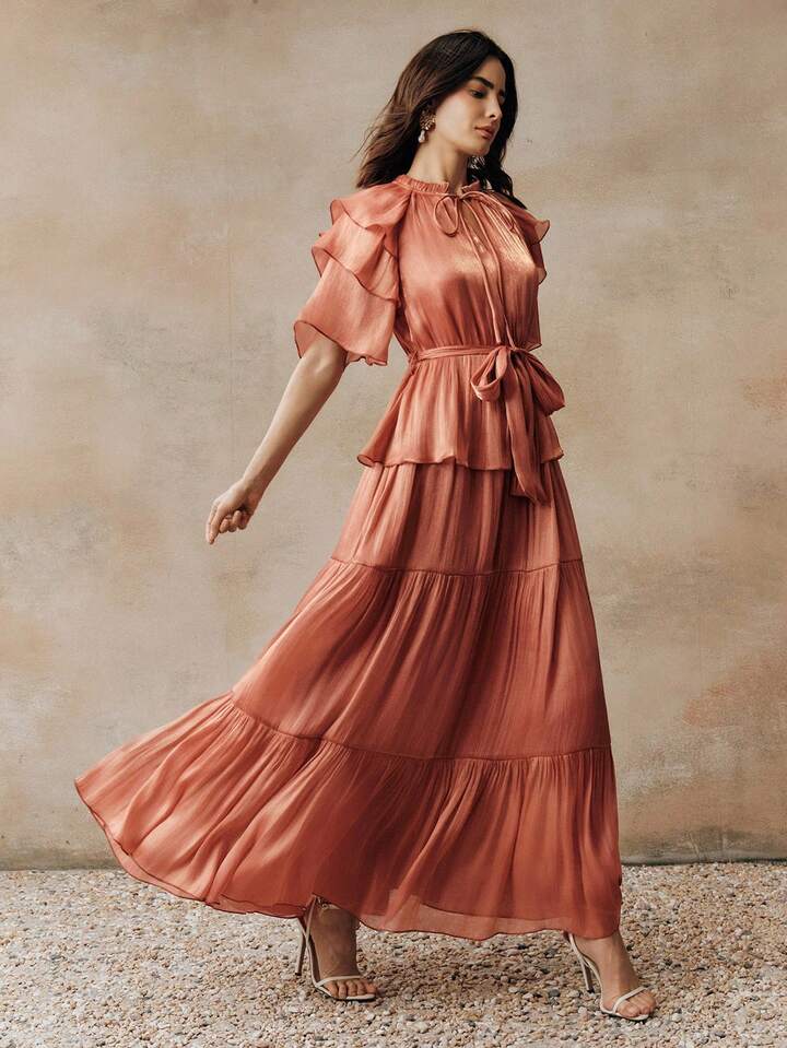 CM-DS478717 Women Elegant Seoul Style Tie Neck Puff Sleeve High Waist Layered Cake Maxi Dress - Burnt Orange