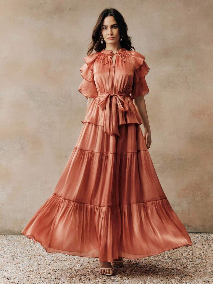 CM-DS478717 Women Elegant Seoul Style Tie Neck Puff Sleeve High Waist Layered Cake Maxi Dress - Burnt Orange