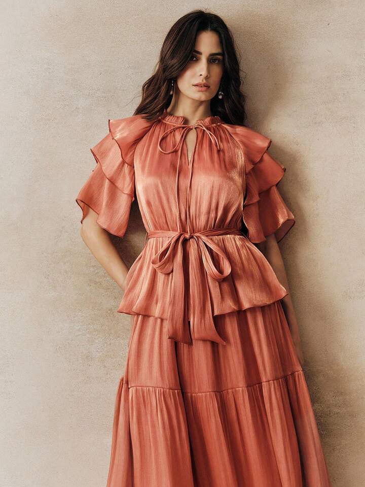CM-DS478717 Women Elegant Seoul Style Tie Neck Puff Sleeve High Waist Layered Cake Maxi Dress - Burnt Orange