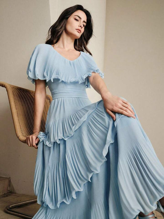 CM-DS525300 Women Elegant Seoul Style V-Neck Cinched Waist Batwing Sleeve A-Line Pleated Long Dress - Blue