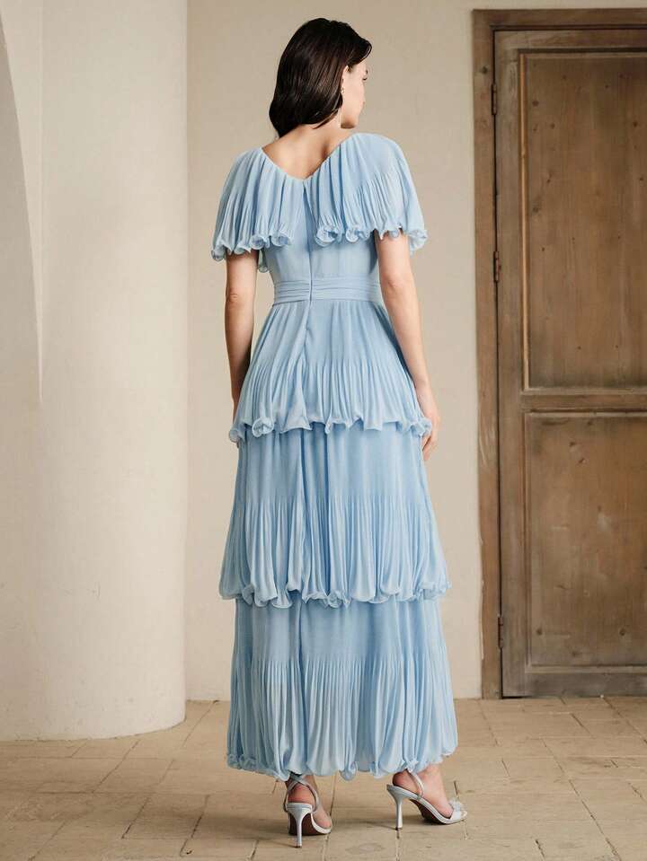 CM-DS525300 Women Elegant Seoul Style V-Neck Cinched Waist Batwing Sleeve A-Line Pleated Long Dress - Blue