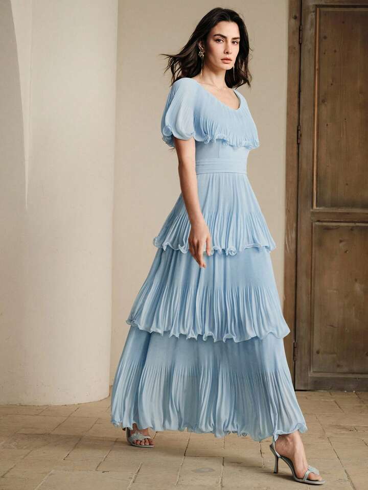 CM-DS525300 Women Elegant Seoul Style V-Neck Cinched Waist Batwing Sleeve A-Line Pleated Long Dress - Blue