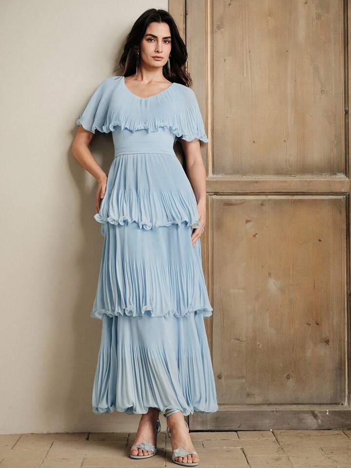 CM-DS525300 Women Elegant Seoul Style V-Neck Cinched Waist Batwing Sleeve A-Line Pleated Long Dress - Blue