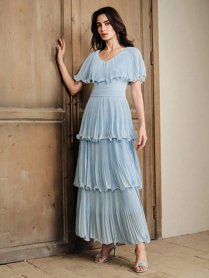 CM-DS525300 Women Elegant Seoul Style V-Neck Cinched Waist Batwing Sleeve A-Line Pleated Long Dress - Blue