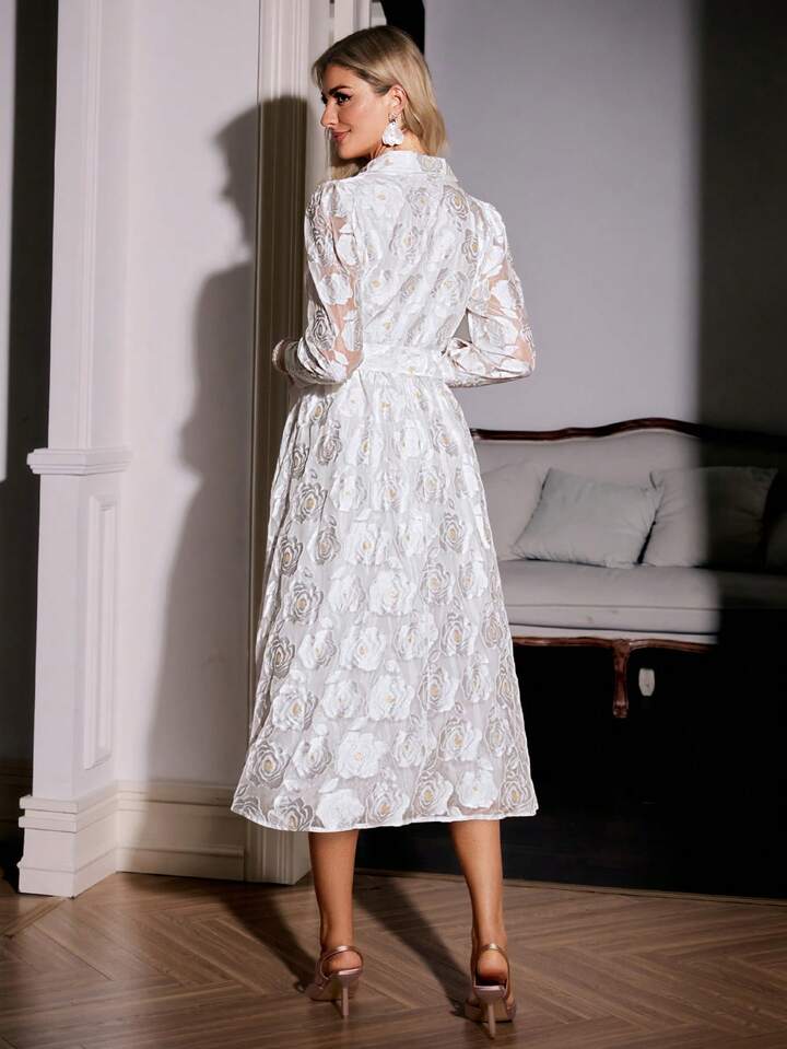 CM-DS532995 Women Elegant Seoul Style Floral Jacquard Lapel Neck Long Sleeve A-Line Midi Dress - White