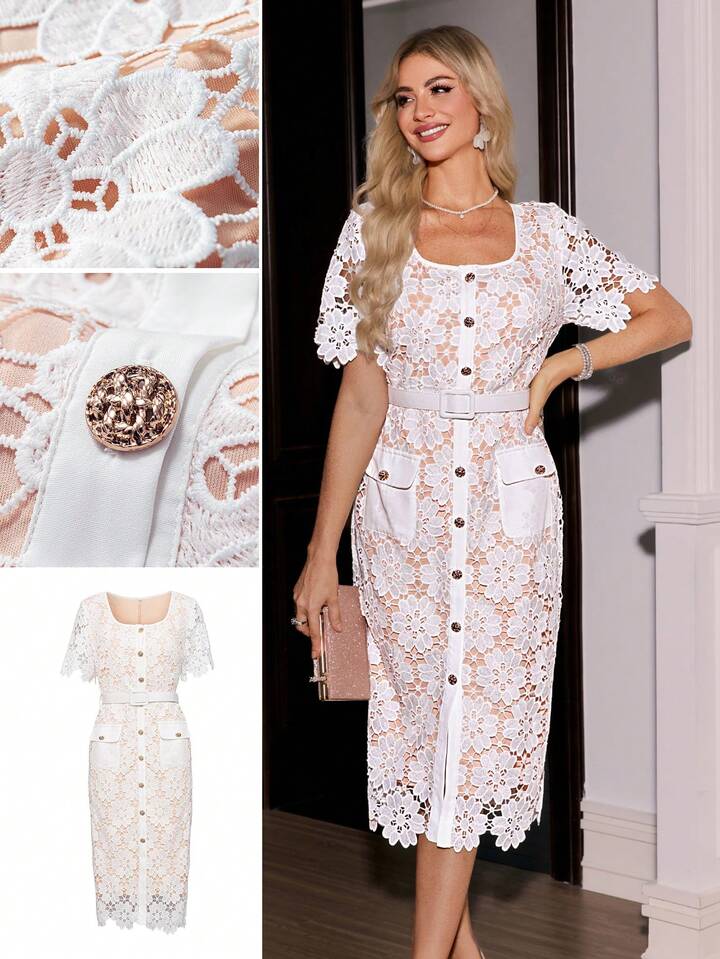 CM-DS915502 Women Elegant Seoul Style Lace Trim Collared Pocket Waist Tie Long Sleeve Dress - White