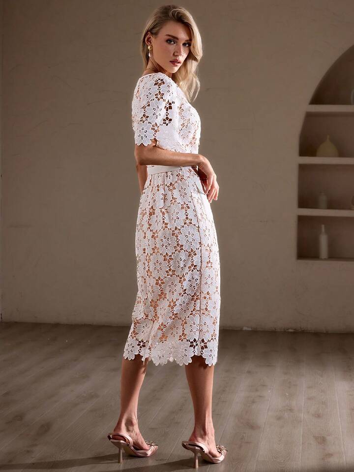 CM-DS915502 Women Elegant Seoul Style Lace Trim Collared Pocket Waist Tie Long Sleeve Dress - White