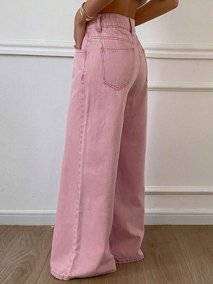 CM-BS462578 Women Casual Seoul Style Solid Color High Waist Loose Straight Leg Denim Jeans - Pink