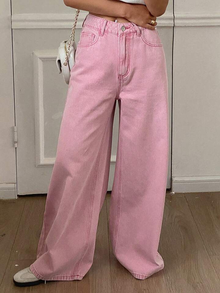 CM-BS462578 Women Casual Seoul Style Solid Color High Waist Loose Straight Leg Denim Jeans - Pink