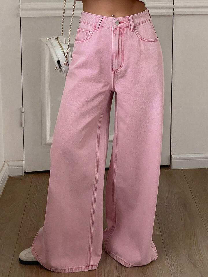 CM-BS462578 Women Casual Seoul Style Solid Color High Waist Loose Straight Leg Denim Jeans - Pink