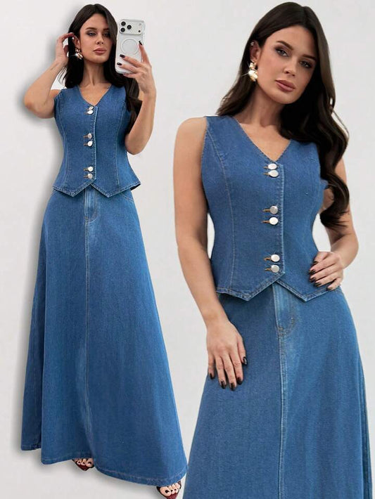 CM-SS183438 Women Elegant Seoul Style V-Neck Sleeveless Button Front Denim Top With Long Flowy Skirt - Set