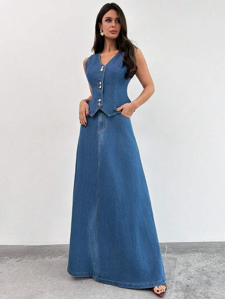 CM-SS183438 Women Elegant Seoul Style V-Neck Sleeveless Button Front Denim Top With Long Flowy Skirt - Set