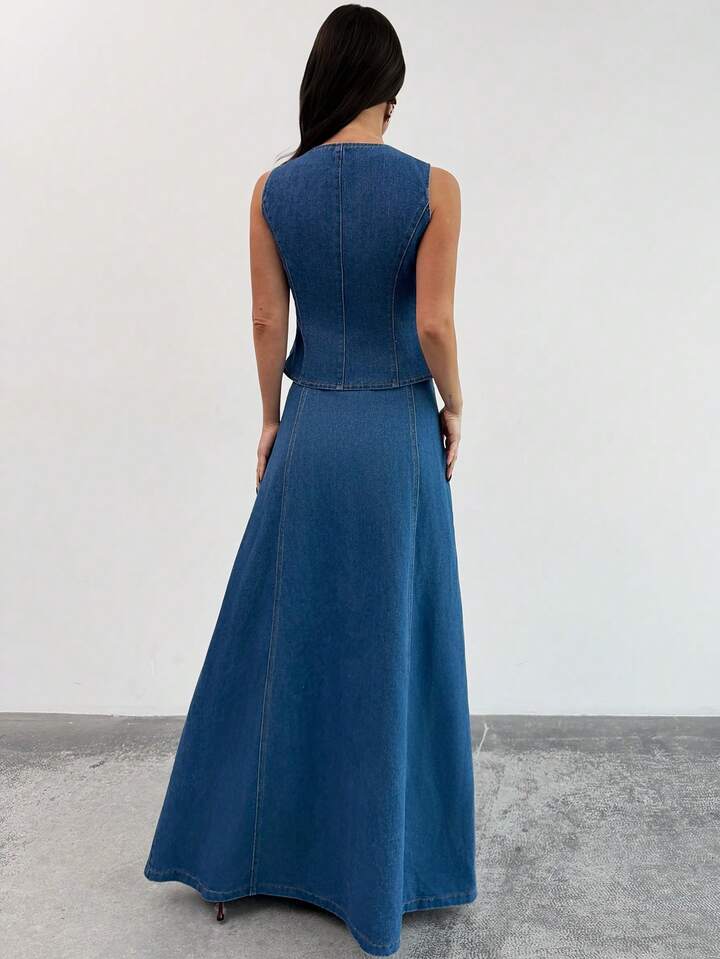 CM-SS183438 Women Elegant Seoul Style V-Neck Sleeveless Button Front Denim Top With Long Flowy Skirt - Set