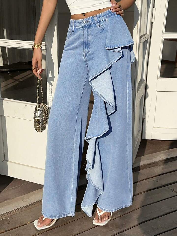 CM-BS803278 Women Casual Seoul Style Mid Waist Washed Ruffle Hem Loose Straight Leg Denim Pants - Blue
