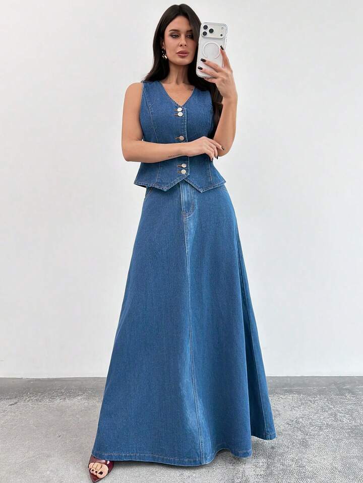 CM-SS183438 Women Elegant Seoul Style V-Neck Sleeveless Button Front Denim Top With Long Flowy Skirt - Set