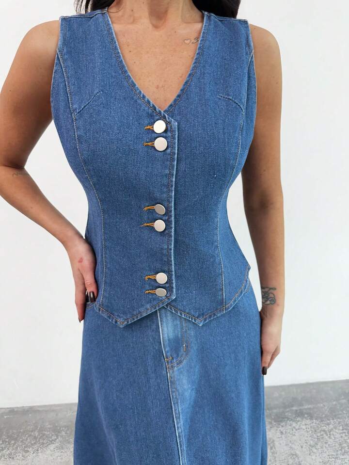 CM-SS183438 Women Elegant Seoul Style V-Neck Sleeveless Button Front Denim Top With Long Flowy Skirt - Set