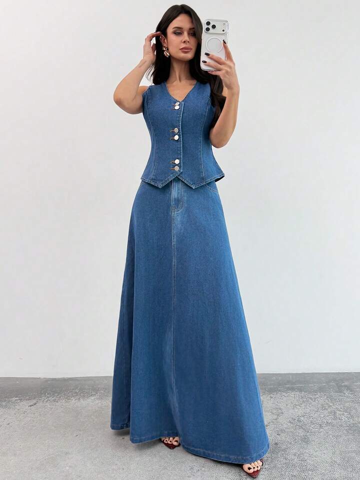 CM-SS183438 Women Elegant Seoul Style V-Neck Sleeveless Button Front Denim Top With Long Flowy Skirt - Set