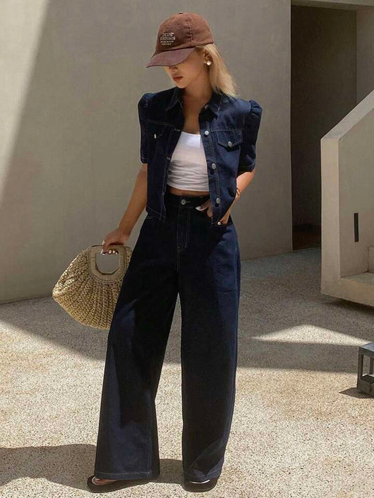 CM-SS022262 Women Elegant Seoul Style Collar Neckline Puff Sleeve Loose Denim Jacket With Pants - Set