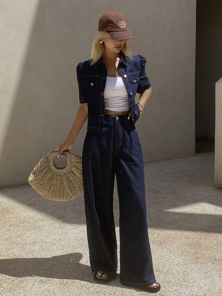 CM-SS022262 Women Elegant Seoul Style Collar Neckline Puff Sleeve Loose Denim Jacket With Pants - Set