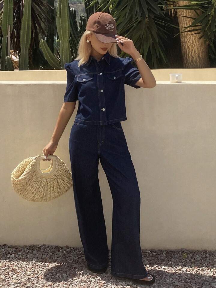 CM-SS022262 Women Elegant Seoul Style Collar Neckline Puff Sleeve Loose Denim Jacket With Pants - Set