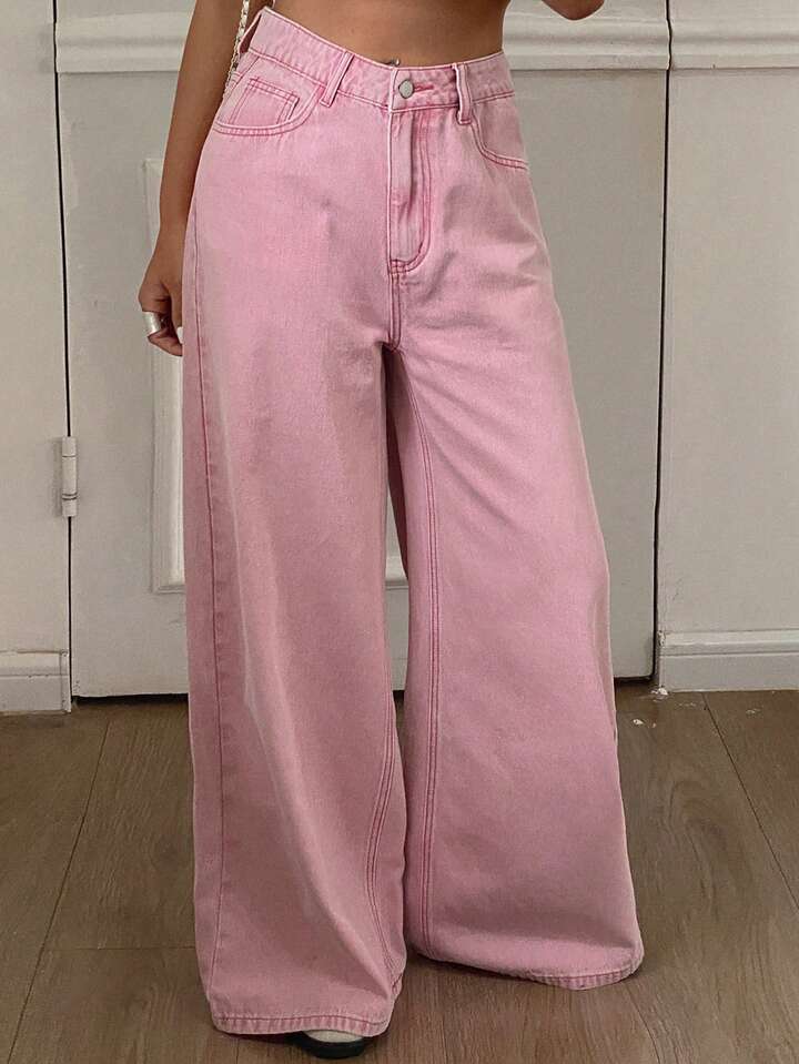 CM-BS462578 Women Casual Seoul Style Solid Color High Waist Loose Straight Leg Denim Jeans - Pink