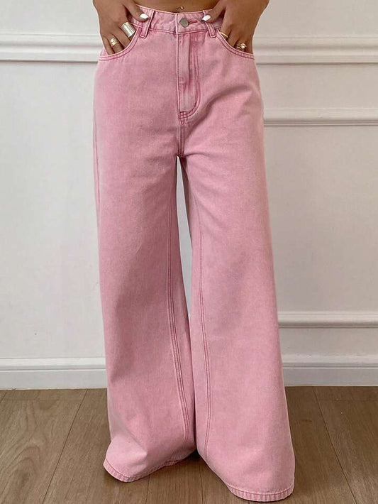 CM-BS462578 Women Casual Seoul Style Solid Color High Waist Loose Straight Leg Denim Jeans - Pink