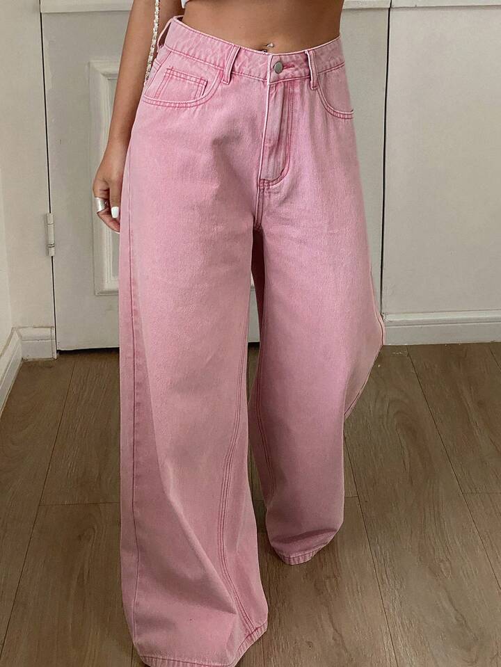 CM-BS462578 Women Casual Seoul Style Solid Color High Waist Loose Straight Leg Denim Jeans - Pink