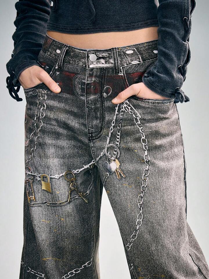 CM-BS954946 Women Casual Seoul Style Vintage Chain Print Low Waist Loose Wide Leg Jeans - Black
