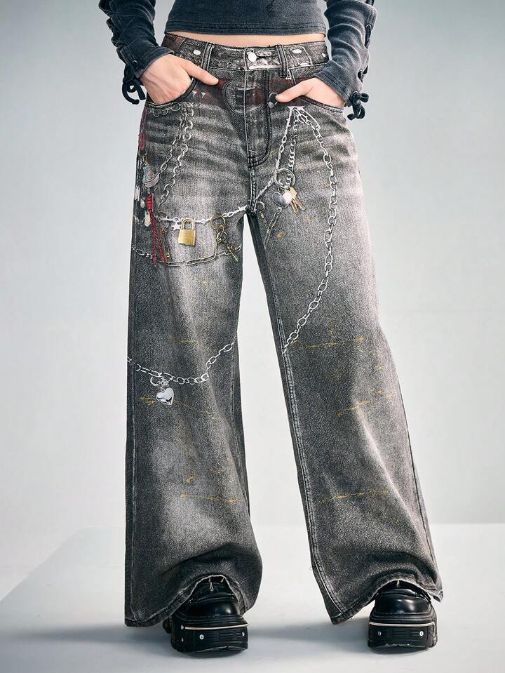 CM-BS954946 Women Casual Seoul Style Vintage Chain Print Low Waist Loose Wide Leg Jeans - Black