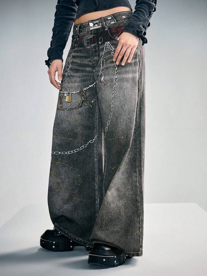 CM-BS954946 Women Casual Seoul Style Vintage Chain Print Low Waist Loose Wide Leg Jeans - Black