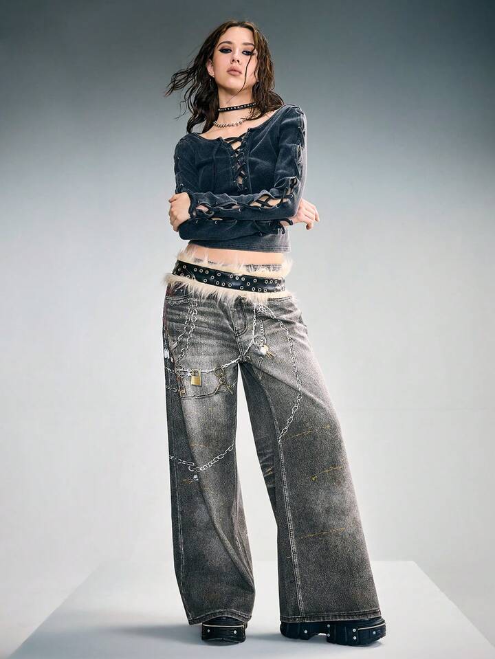 CM-BS954946 Women Casual Seoul Style Vintage Chain Print Low Waist Loose Wide Leg Jeans - Black