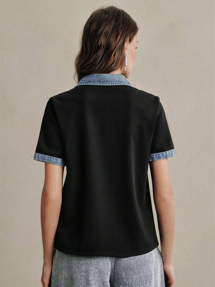 CM-TS999887 Women Casual Seoul Style Patchwork Woven Polo Collar Short Sleeve Denim Polo Shirt - Blue