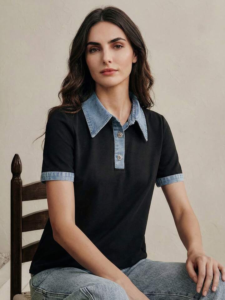 CM-TS999887 Women Casual Seoul Style Patchwork Woven Polo Collar Short Sleeve Denim Polo Shirt - Blue