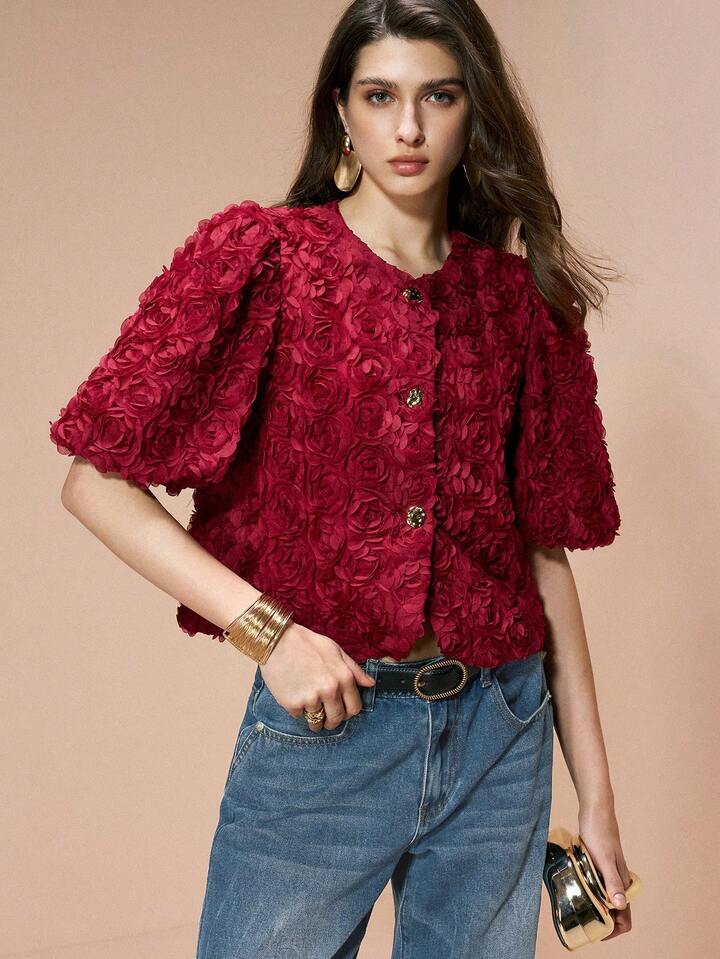 CM-TS034531 Women Elegant Seoul Style Floral Round Neck Petal Puff Sleeve Blouse - Burgundy
