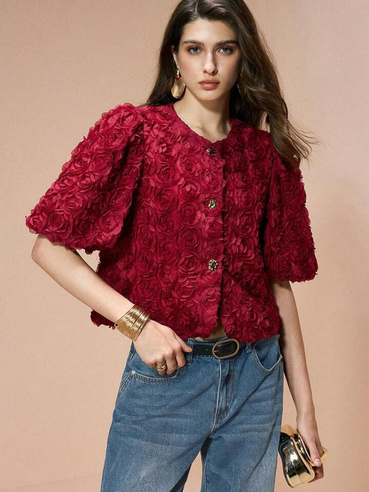 CM-TS034531 Women Elegant Seoul Style Floral Round Neck Petal Puff Sleeve Blouse - Burgundy
