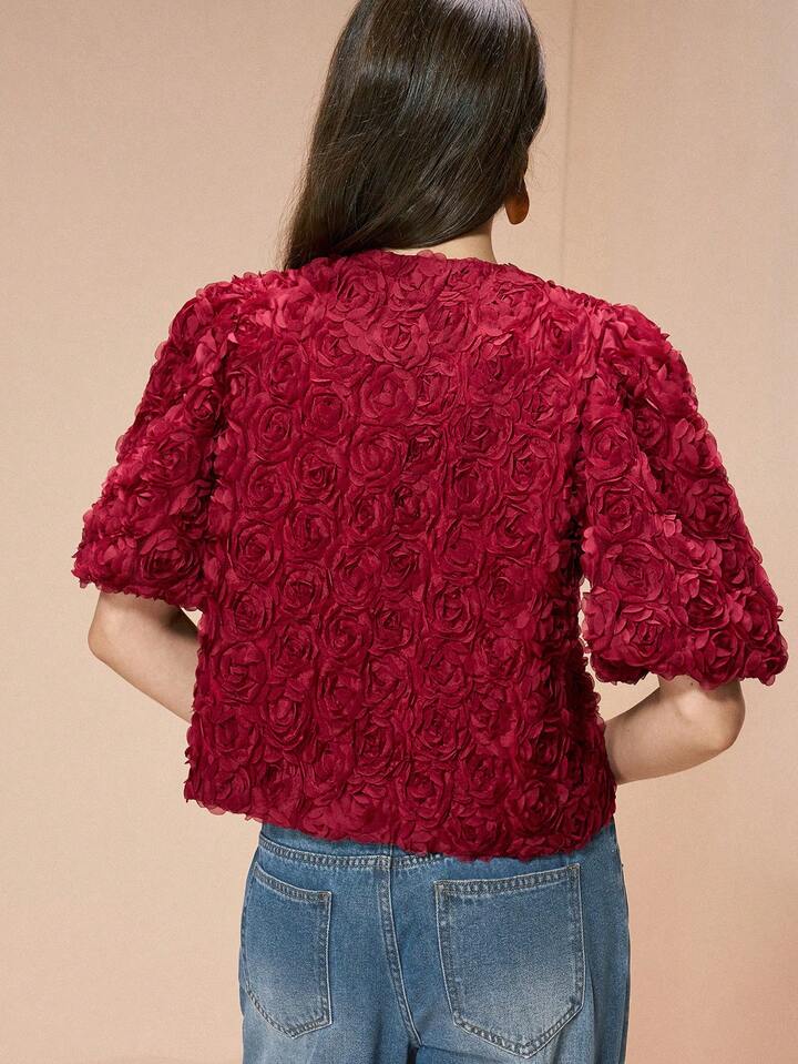 CM-TS034531 Women Elegant Seoul Style Floral Round Neck Petal Puff Sleeve Blouse - Burgundy