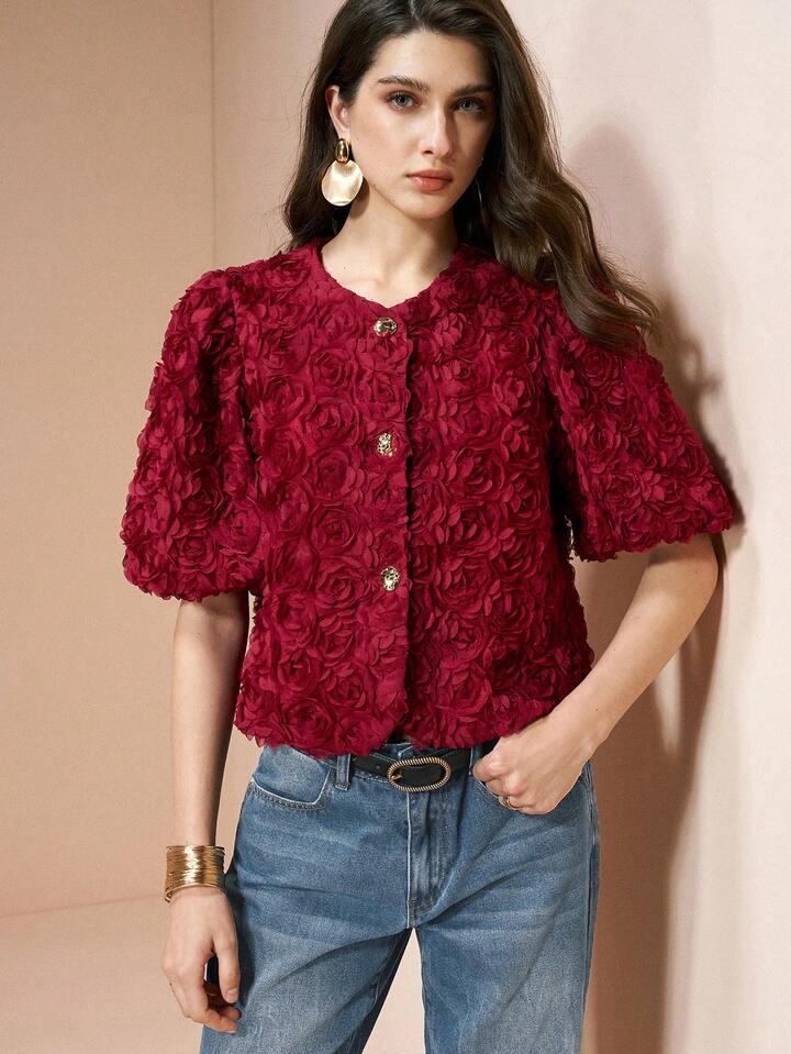 CM-TS034531 Women Elegant Seoul Style Floral Round Neck Petal Puff Sleeve Blouse - Burgundy